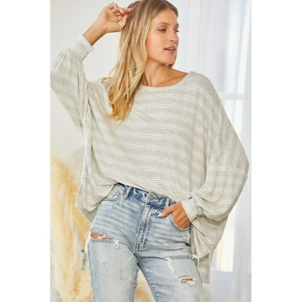 Andree By Unit Oatmeal + Grey Thin Stripe Dolman Pullover New S-L T1443-2